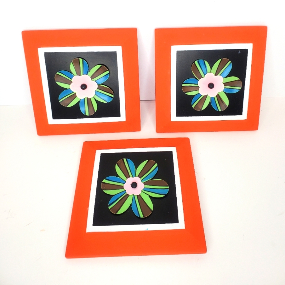 Set of 3 Painted Orange MultiColor‎ Flower Wall Square Art Plaques